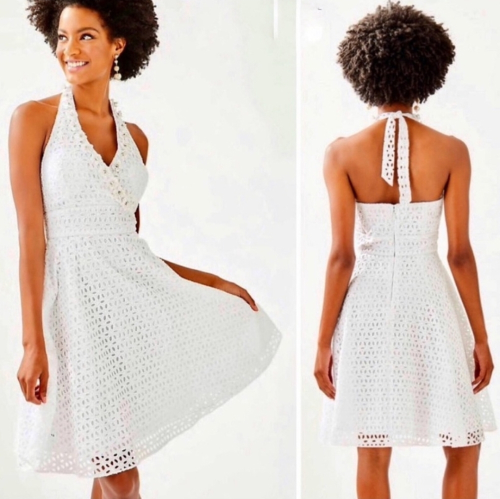Lilly Pulitzer Willa white eyelet lace cotton halter dress, size 2.